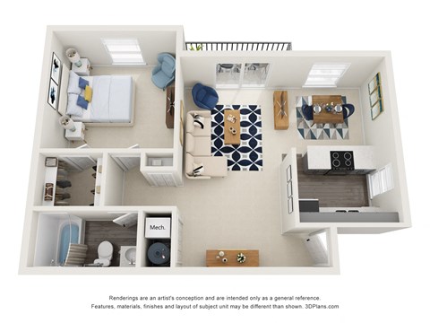 this is a 3d floor plan of a 884 square foot 1 bedroom apartment at the